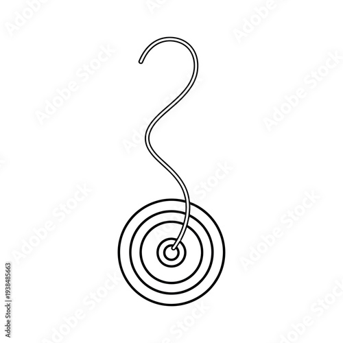Fishing bobber or float with a hook, line art drawing on a white background.