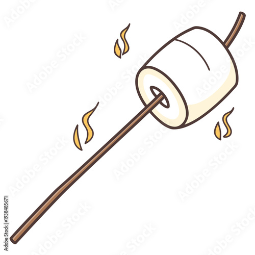 A delicious marshmallow roasting on a stick over an open flame. Vector