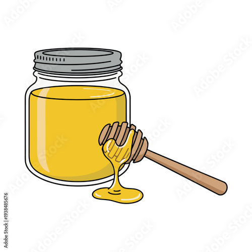 Sweet Golden Honey Jar Illustration with a Dripping Wooden Dipper