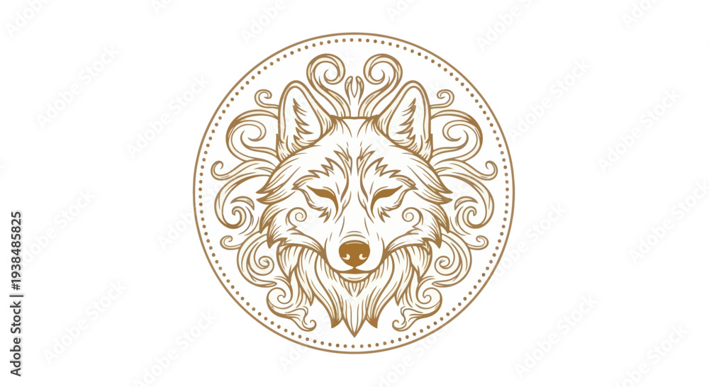 Fototapeta premium Golden Wolf Head Emblem with Swirls and Dots, Elegant Vintage Style