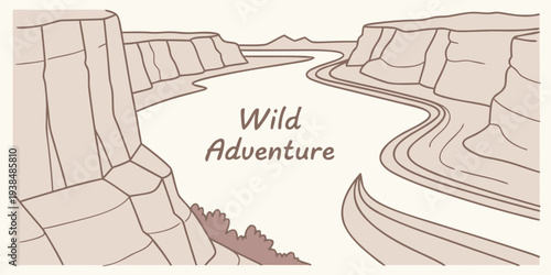 A scenic view of a winding river cutting through a vast canyon landscape. Vector