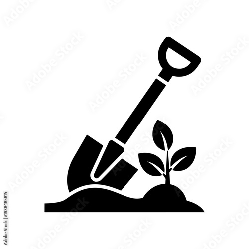 A black silhouette depicts a gardening shovel planted beside a growing seedling silhouette