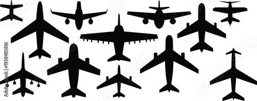Flat vector airplane silhouettes, diverse aircraft designs, aviation illustration collection, top view planes, minimalist design, aviation industry icons set