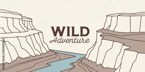 A serene river flows through a canyon with a sign reading wild river adventure Vector