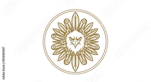 Eagle Head Emblem with Feathered Ornaments, Circular Badge, Gold Outline