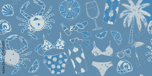 A blue patterned background featuring summer themed illustrations