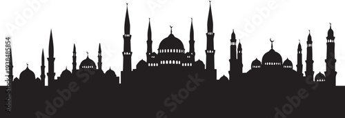 Black Mosque Skyline Silhouette with Multiple Domes and Minarets for Islamic City Landscape Design