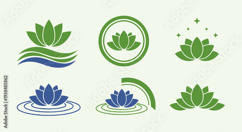 Lotus Flower Icons Set: Zen, Spa, Yoga, Wellness, Nature, Ayurveda, Harmony