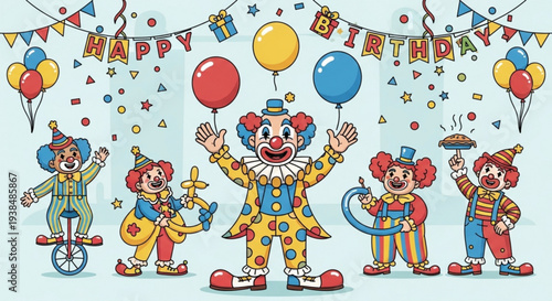 Clowns celebrating a birthday party with balloons and confetti in a festive atmosphere