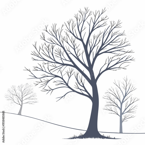 Three bare trees standing on a gentle hillside during winter Vector