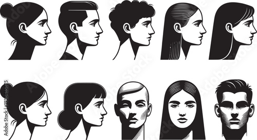 Collection of ten stylized human head illustrations in profile and frontal views, featuring diverse hairstyles and facial features, ideal for design, art, and character projects