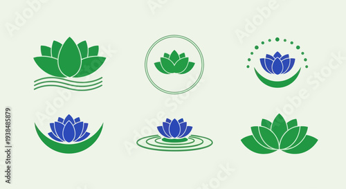Lotus Flower Icons: Green and Blue Designs on Light Background