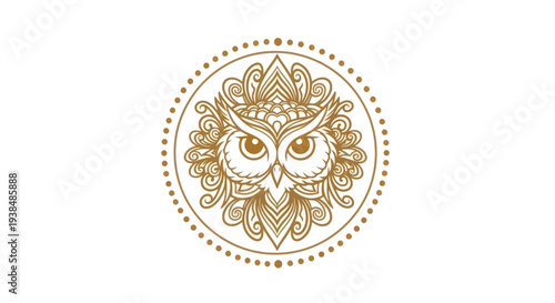 Golden Owl Mandala Logo with Ornate Details on White Background