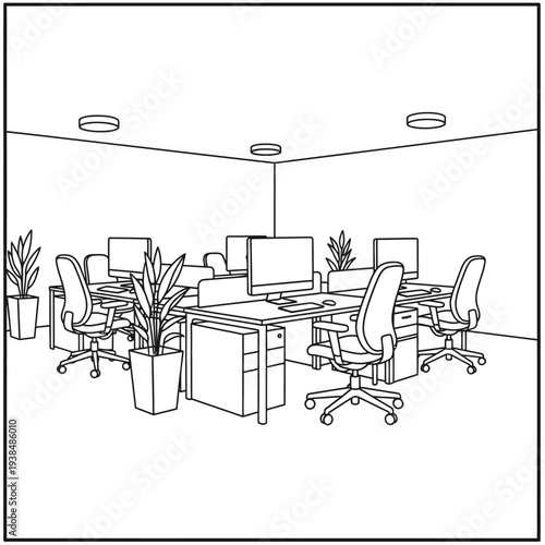 Modern Office Interior with Desks and Chairs.