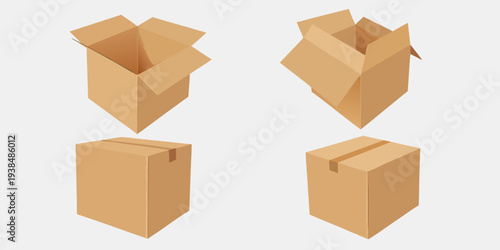 Four cardboard boxes in various states of assembly on a white background