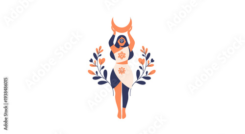 Woman holding crescent moon with floral branches, spiritual goddess illustration