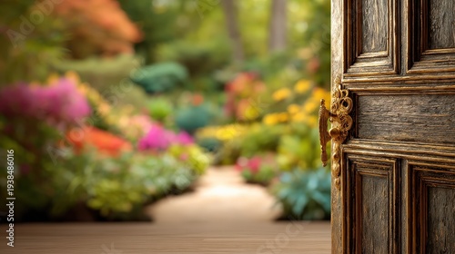 A rustic wooden door opens to reveal a vibrant, colorful garden filled with various blooming flowers and lush greenery.