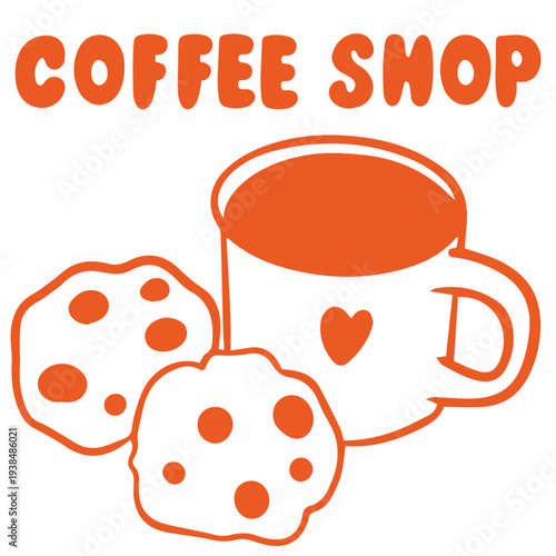 Coffee shop doodle illustration with coffee cup and cookies, orange hand drawn doodle cafe breakfast snack concept
