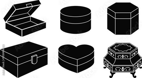 Black and white jewelry box icon set with luxury rings necklaces gift packaging and ornate treasure chests isolated on white background