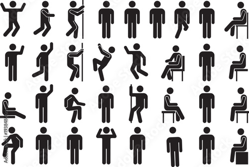 Collection of thirty human silhouette icons depicting diverse postures and activities such as walking, sitting, climbing, dancing, and gestures, ideal for design, animation, and education