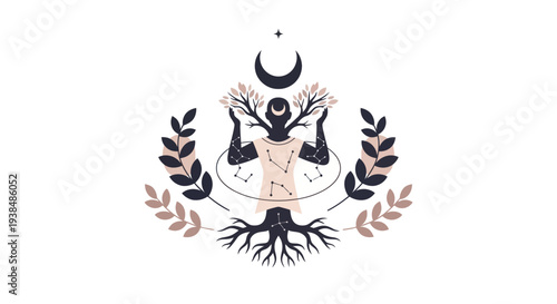 Mystical Human Tree of Life Cosmic Symbol with Moon and Stars