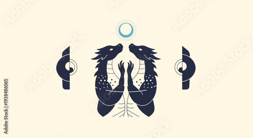 Mystical Twin Dragons Mirror Image with Celestial Orb