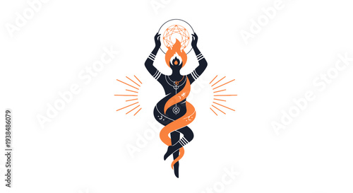 Mystical Serpent Figure Holding Fiery Orb, Esoteric Symbol, Ancient Ritual Art