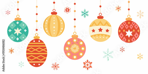Colorful christmas ornaments hanging against a white background display