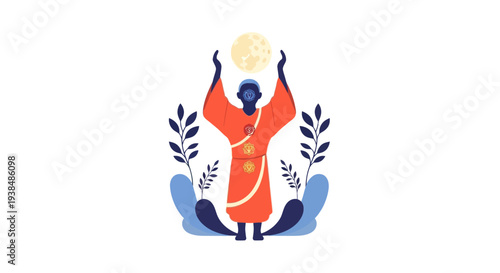 Mystic figure holding moon, spiritual enlightenment, nature, abstract illustration