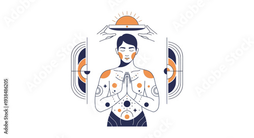 Person meditating with cosmic symbols and sun above head, spiritual enlightenment
