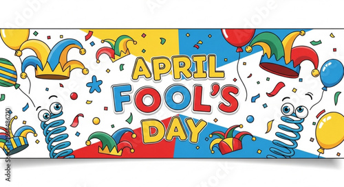 Vibrant april fool's day banner with colorful jester hats balloons and confetti on white background celebrating playful humor and prankster fun