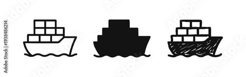 Cargo Ship and Shipping Container Icons - Global Logistics and International Trade