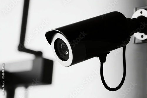 Security camera mounted on wall