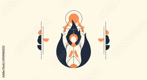 Abstract Figure Holding Sun with Flame Elements and Geometric Shapes