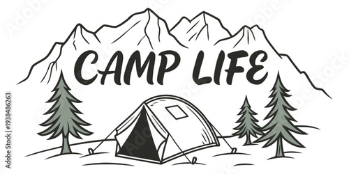 A serene campsite nestled in the woods with mountains in the background and a cozy campfire. Vector