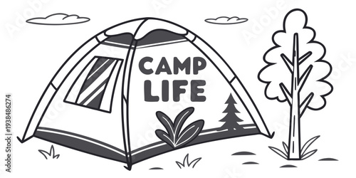 A serene campsite with a tent, trees, and a fire pit under a clear sky. Vector