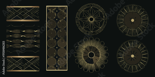 Art deco inspired golden geometric patterns arranged on a black background