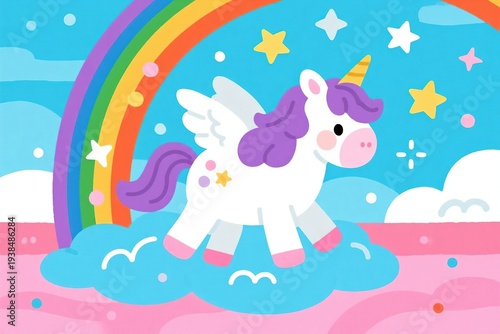 Cute cartoon unicorn on cloud