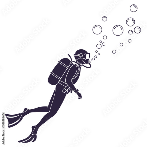 A scuba diver exploring the underwater world with bubbles rising to the surface. Vector
