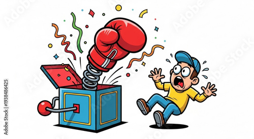 Man surprised by punching boxing glove emerging from jack in the box with confetti