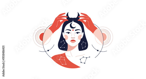 Mystical Woman with Moon and Stars, Astrology and Zodiac Symbolism
