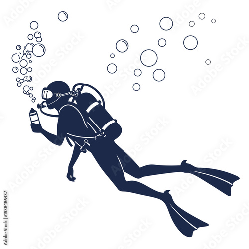 A scuba diver exploring the underwater world with a camera capturing marine life. Vector