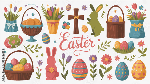 Vibrant easter illustration with baskets eggs bunnies and flowers in soft pastel colors on a white background perfect for spring holiday designs