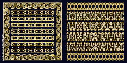 Intricate gold ornamental borders and patterns on a dark background