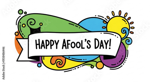 Colorful happy april fool's day banner with swirly shapes and sun on white background for celebrations