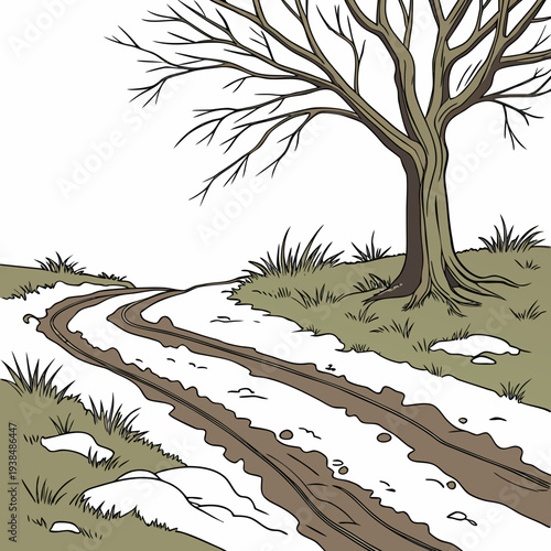 A winding dirt path leads through a snowy landscape with a lone tree in the distance. Vector