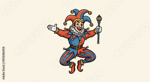 Jester in colorful outfit jumping playfully with jester's hat and scepter in hand conveying joy and entertainment