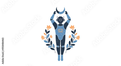 Robot holding crescent moon, surrounded by floral wreath, futuristic spirituality concept