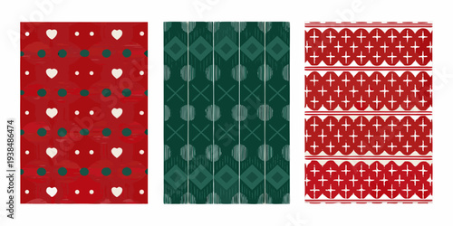 Three festive seamless patterns with hearts diamonds and cross stitch