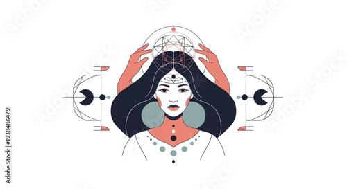 Mystical Woman with Celestial Symbols and Geometric Patterns